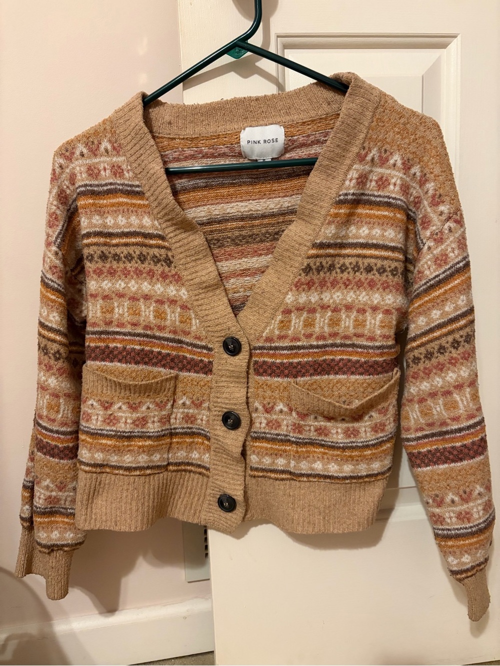 Pink Rose Tan Multicolor Fair Isle V-Neck Cardigan